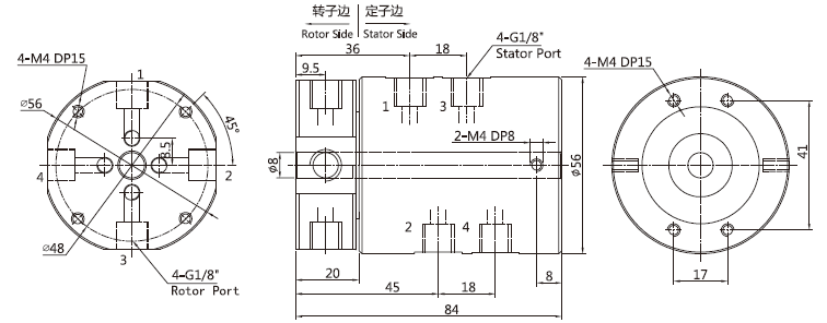 3004006 series 3004006 Series G1/8 4 Passage Rotary Unions slip ring Drawing 