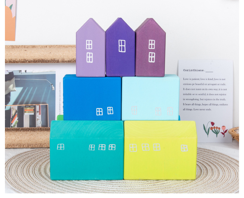 22.5cm House Wooden Rainbow Stacker Wooden Story Rainbow Stacking Toy