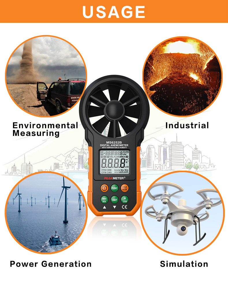 Backlight Digital Display Digital Wind Meter , Wind Measuring Device USB Port