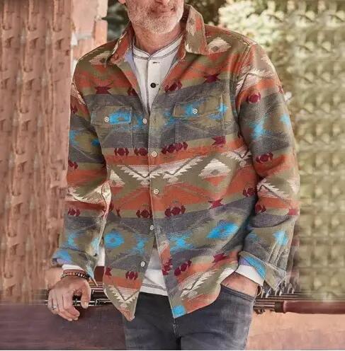 Western Clothing Custom Plus Size Men&prime;s Geometric Pattern Single Breasted Turndown Aztec Style Coats Jackets for Men