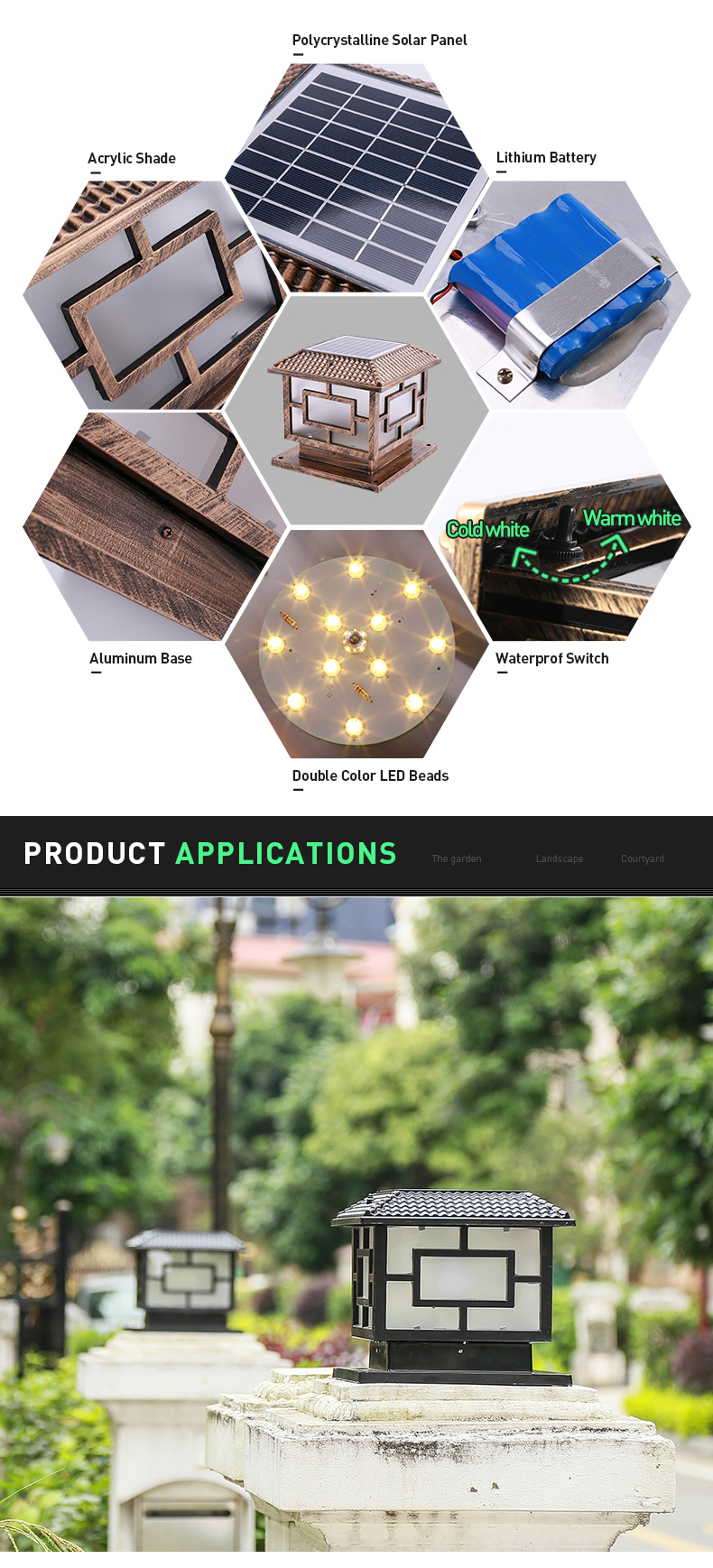 Black Bronze Aluminum Solar Pillar Light Energy Saving Fence Solar Post Cap Lighting