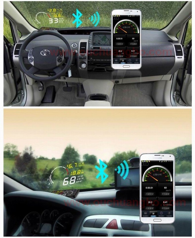 Ouchuangbo 5.5 inch multi colour auto HUD car head up display with bluetooht support refuel RPM icon speed alarm