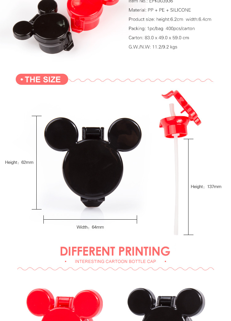 Wholesale mickey shape child resistance cap plastic water bottle caps with straw