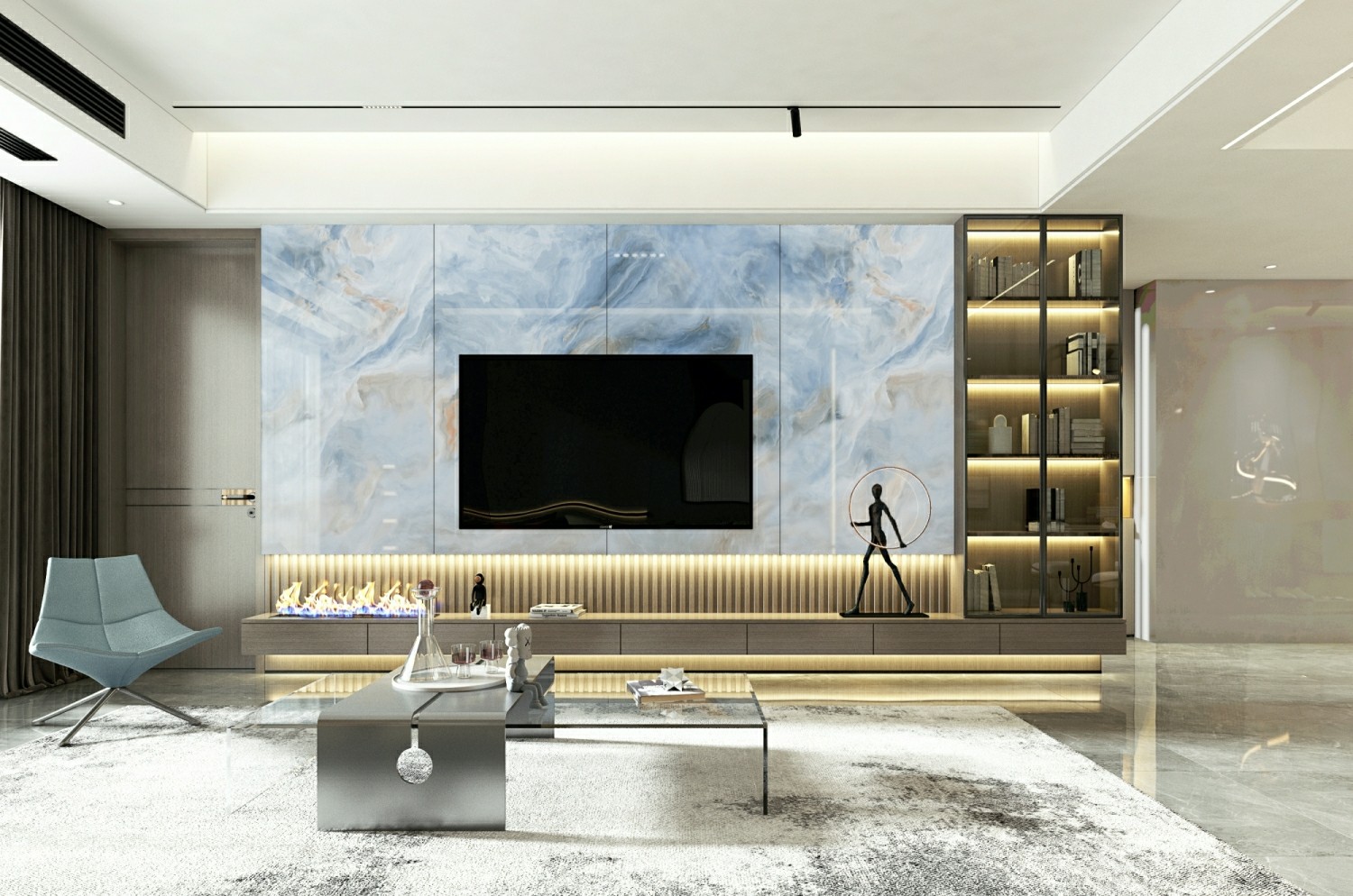 Moisture-Proof 900x1800x9mm Wear-Resistant Inside Floor Blue White Glazed Polished Porcelain Tile For Decoration