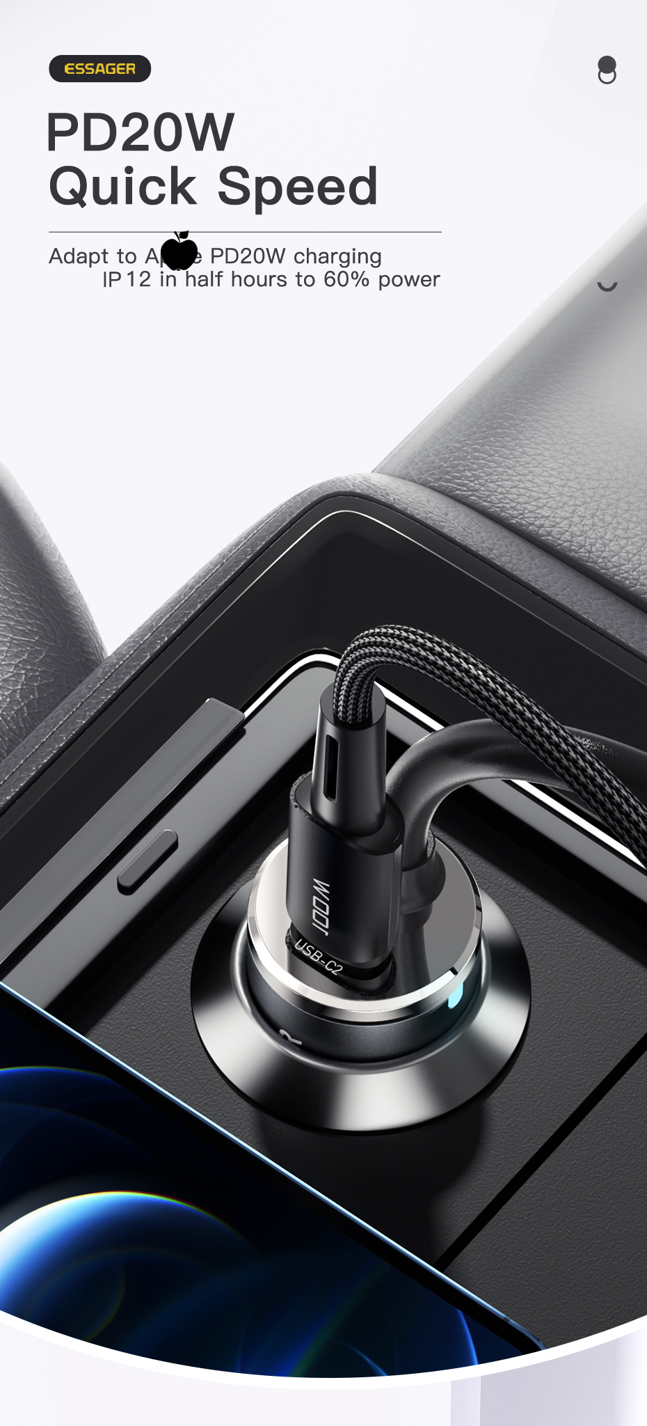 Essager 2022 Doution Car Back Row Expansion 1.5m Grey 100W Fast Charging Car Charger (2USB+2Type-C)