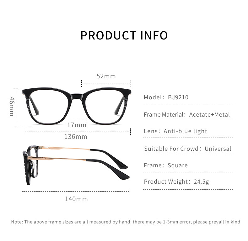 Handmade Acetate Metal Glasses Frame Unisex Square Anti Blue Light