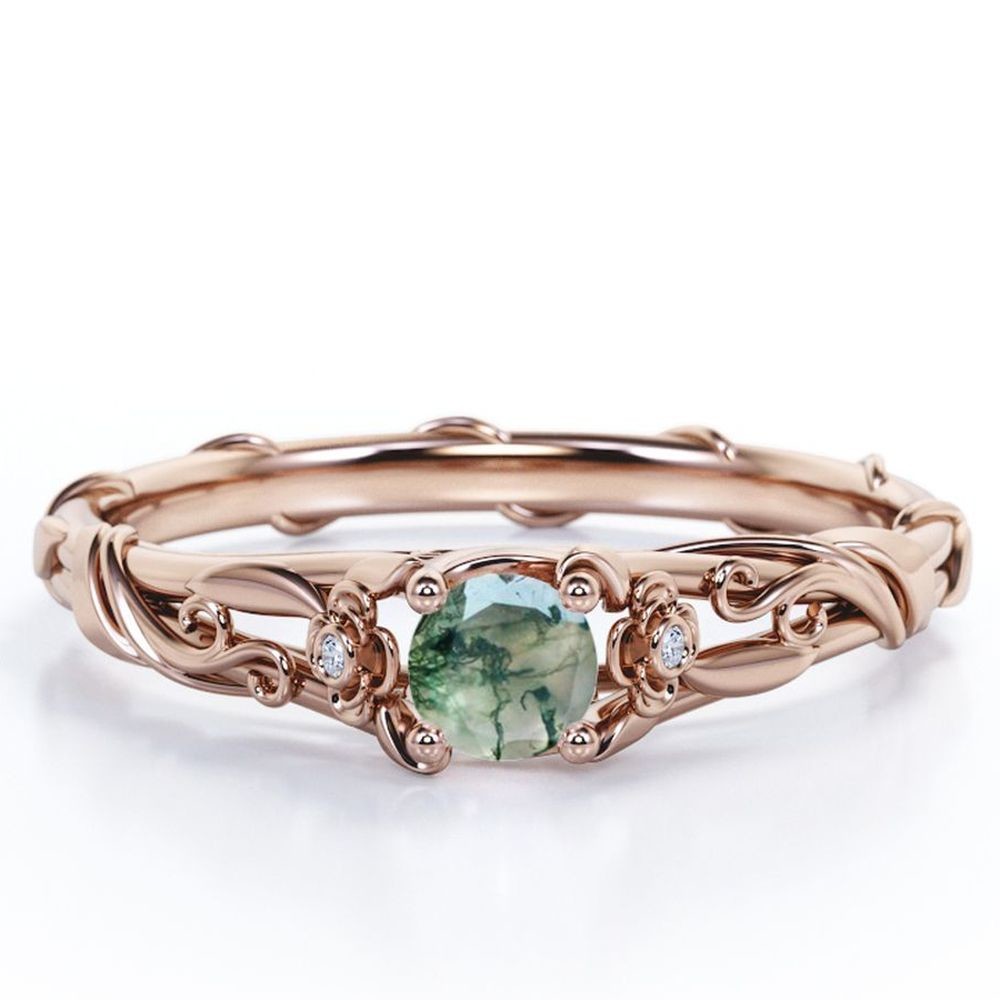 Floral Bezel Round Cut Natural Transparent Moss Green Agate Engagement Ring