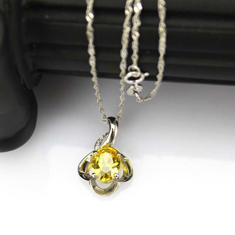 925 Silver Wave Chain Necklace and Citrine Cubic Zircon Pendant (PSJ0431)