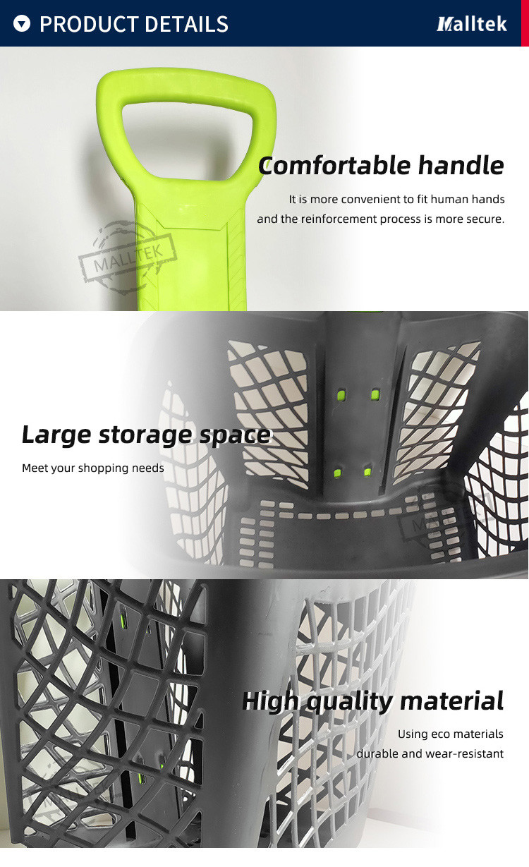 Large Capacity Supermarket Telescopic Handle Plastic Shopping Baskets With 4 Wheels