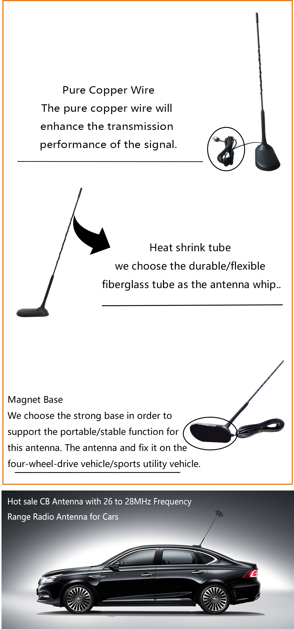 Magnetic 100W LPWAN / Lora CB Car Radio Antenna Flexible Fiberglass CB Antenna