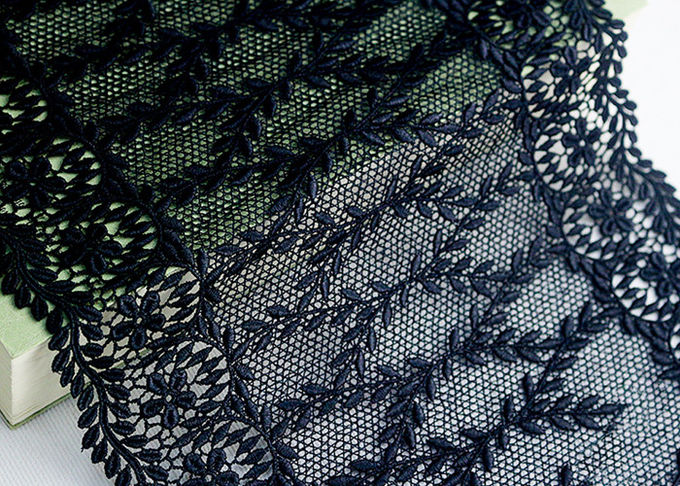 Navy Floral Embroidered Nylon Mesh Lace Trim With Guipure Ribbon Azo Free