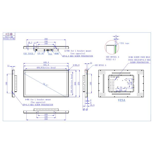 500 Nits Brightness PCAP 18.5 Inch TFT LCD Touch Monitor 16:9 Ratio Display
