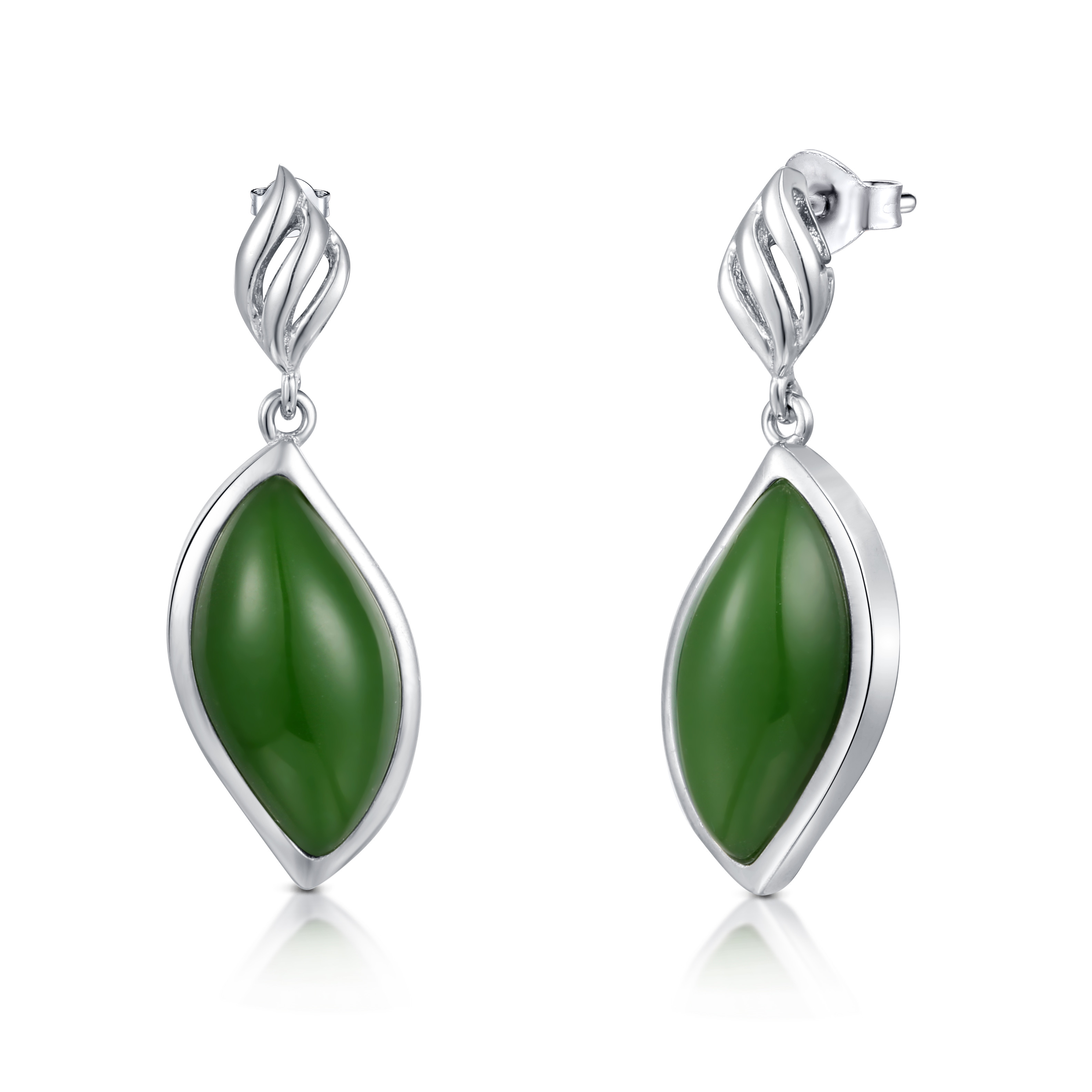 8.5x16mm 925 Sterling Silver Gemstone Earrings Marquise Dark Green Jade Earrings