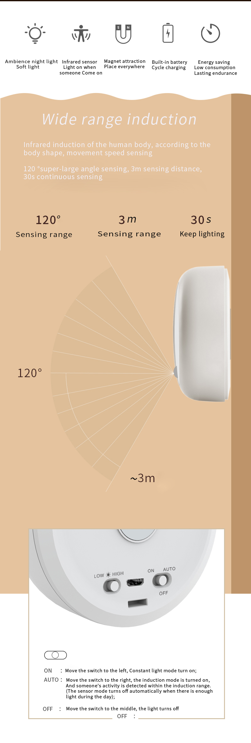 Portable Natural White Dia8cm 4000K USB Rechargeable Motion Sensor Light Moon Shape
