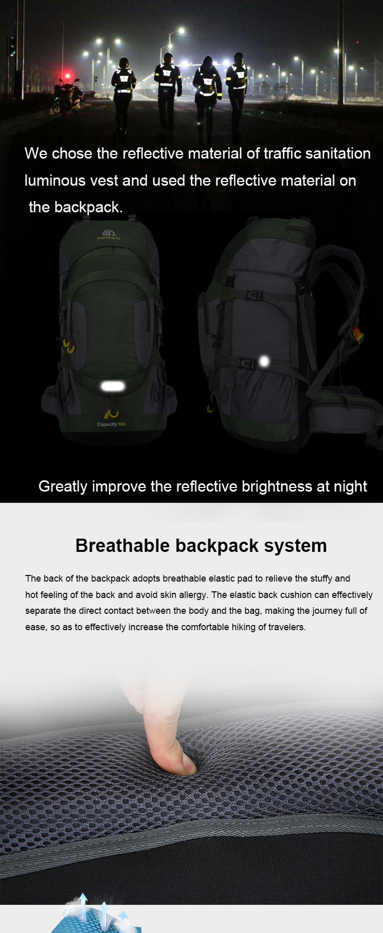 60L Lightweight Waterproof Hiking Backpack 70cm Rainproof Backpacks