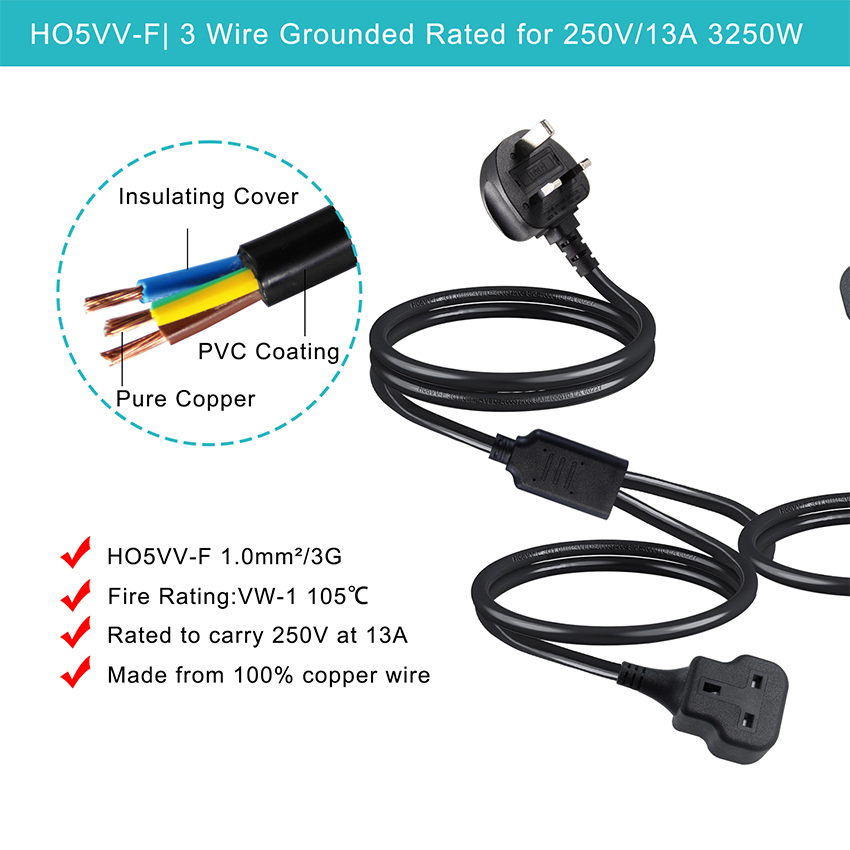 1M Electric Power Cord 13A 250V Ac Extension Cable For Rice Cooker