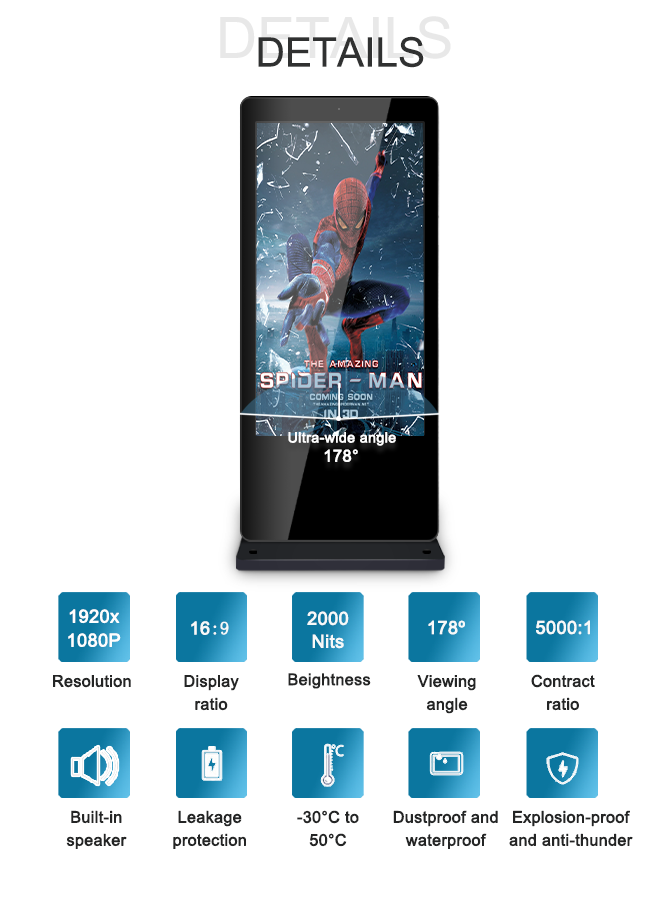 HD 65 Inch Outdoor LCD Digital Signage With RS232 Interface USB HDMI 4G network
