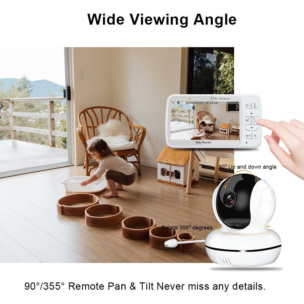 Voice Control Wireless Baby Monitor Two Way Speaker High Resolution 5inch Display