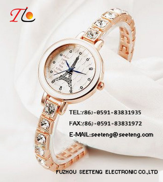 Rose golden case simple style wrist watch with mature color PU leather strap for office ladies