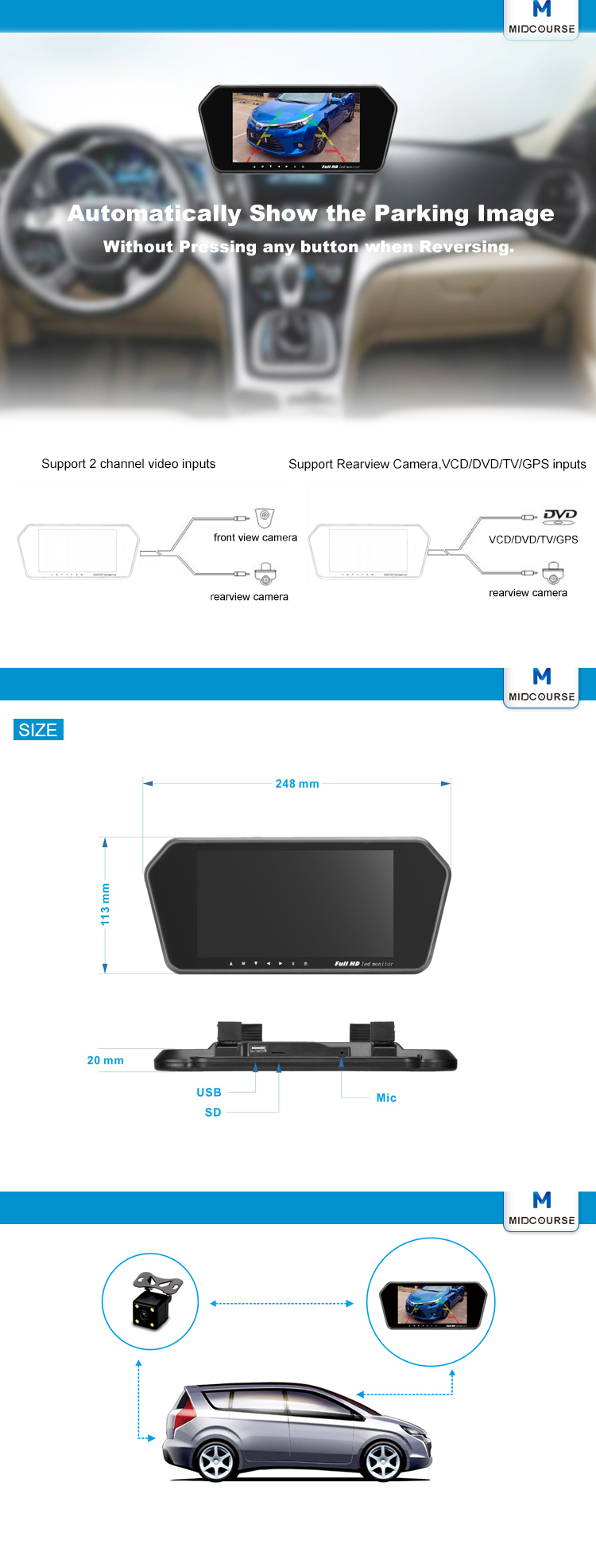 HD 12V 24V Monitor Rear View Mirror With Anti - Glaring Glass Reversing Camera