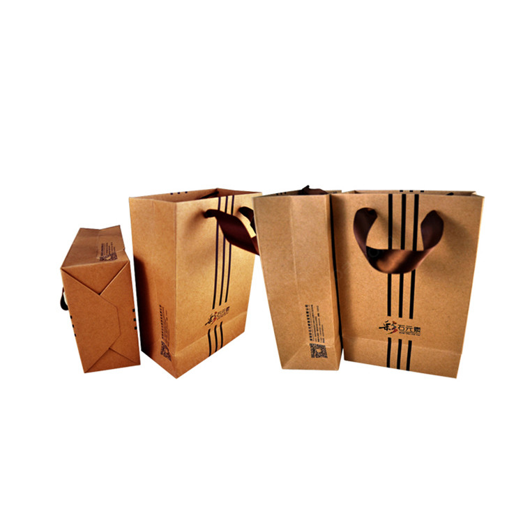 Customized Flat Handle Paper Bag , Spot UV Finishing Brown Paper Packaging Bags