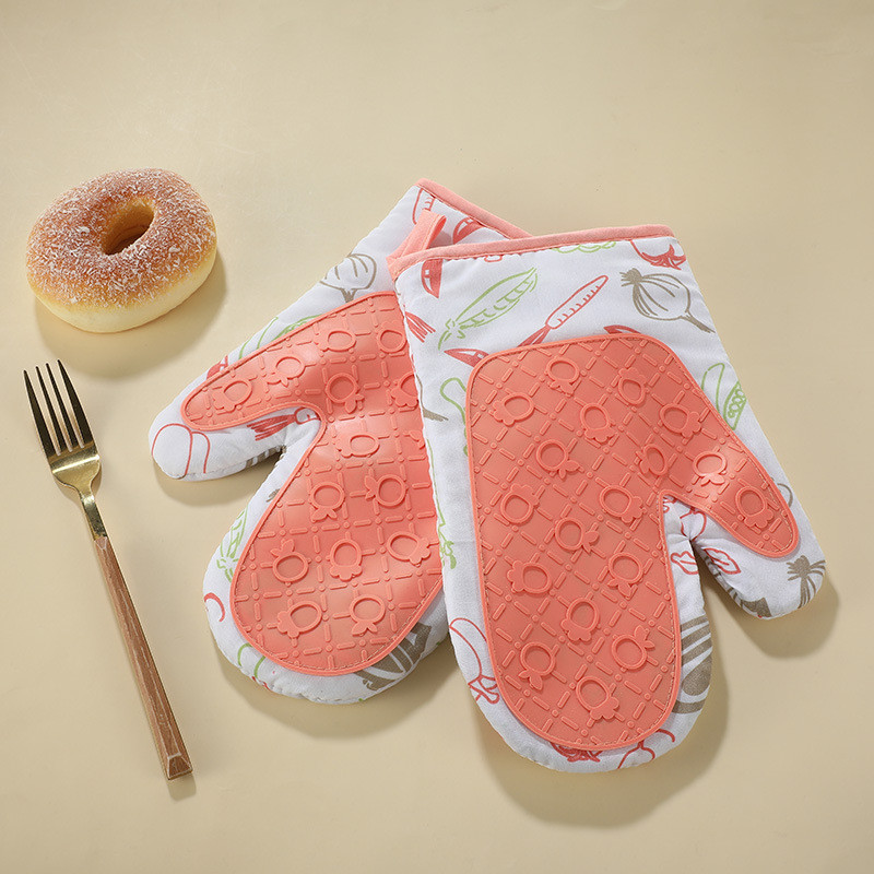 Oven Mitts Oven Gloves BBQ Gloves Silicone Thickened Cotton Double Layer Design Non-Slip Textured Grip Baking Gloves