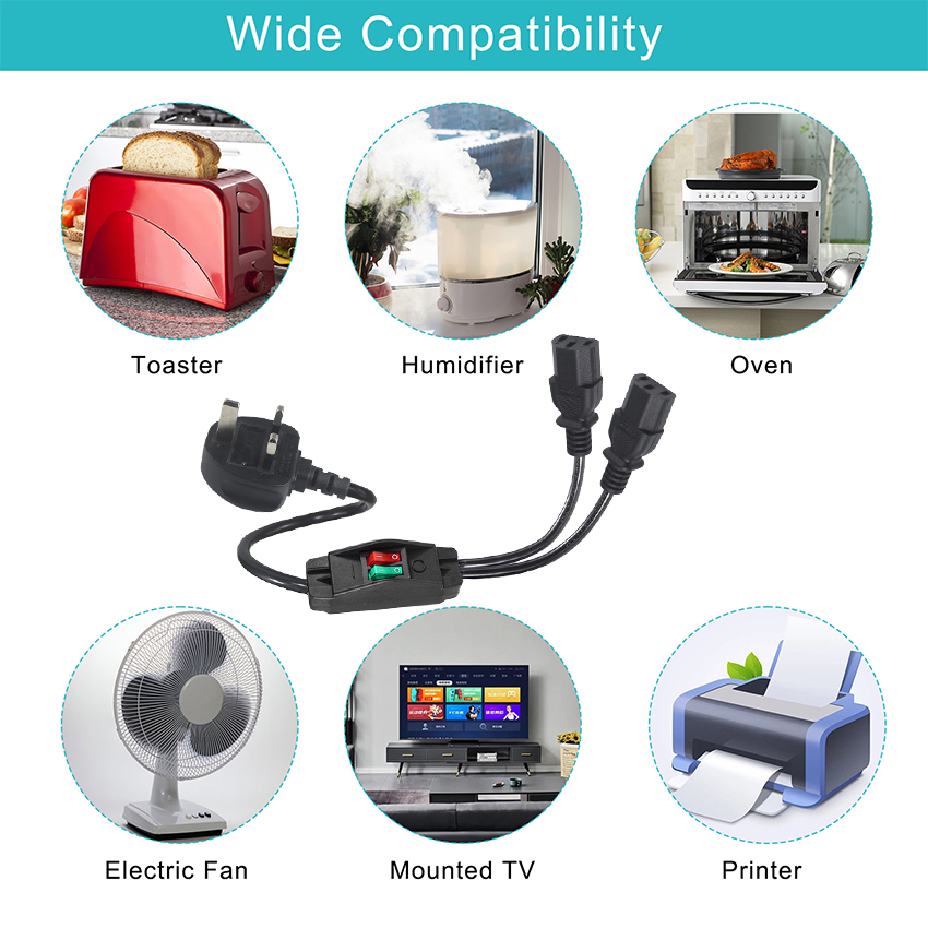 UK Plug Standard Y Shaped 2 In 1 AC Cable Splitter 7A Rating Meets Customer Requirements