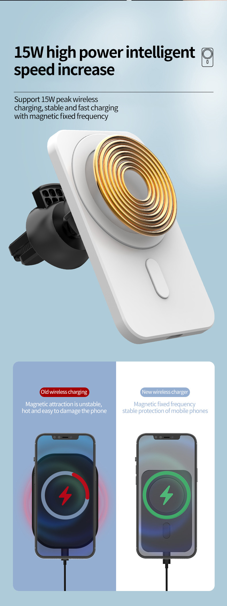 FCC Magnetic Wireless Car Charger , 15w Air Vent Car Mount Phone Holder