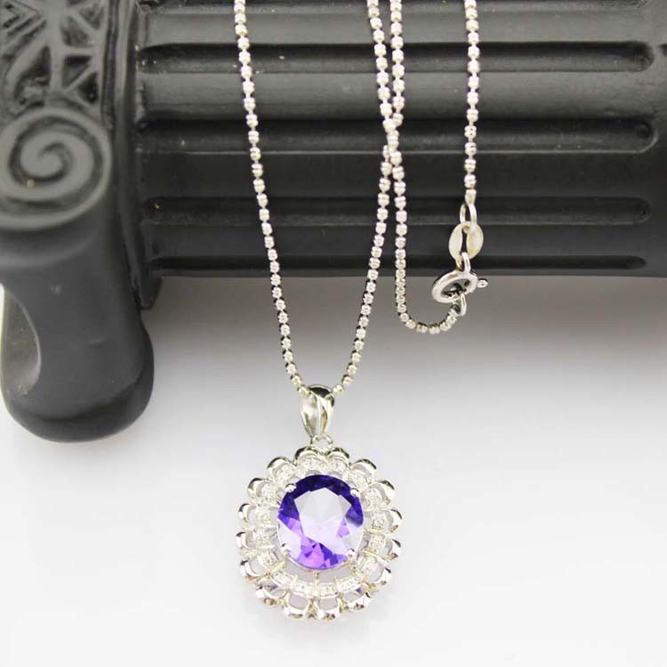 925 Silver 9mmx11mm Oval Amethyst Cubic Zircon Pendan Silver Chain Necklace (PSJ0178)