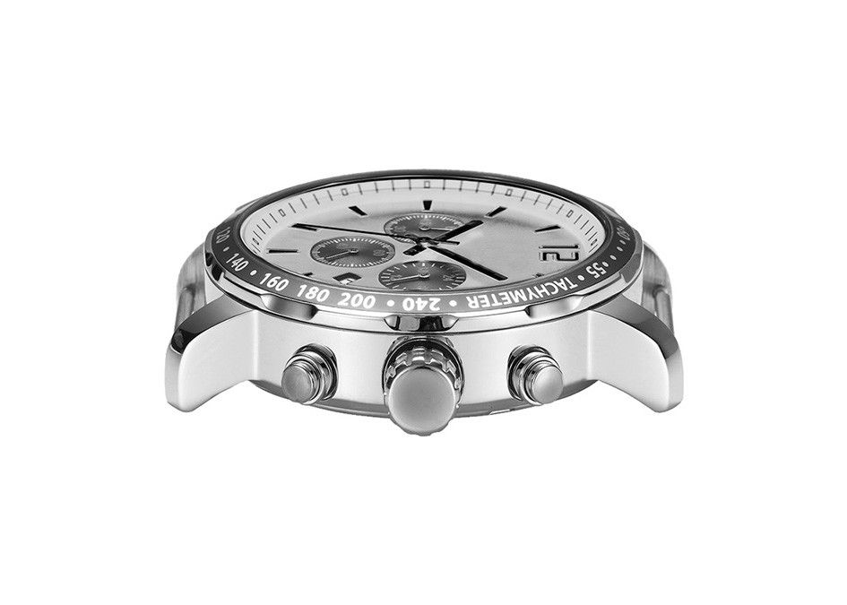 Mans Stainless Steel Chronograph Watch Tachymeter Leather Strap Plastic Bezel