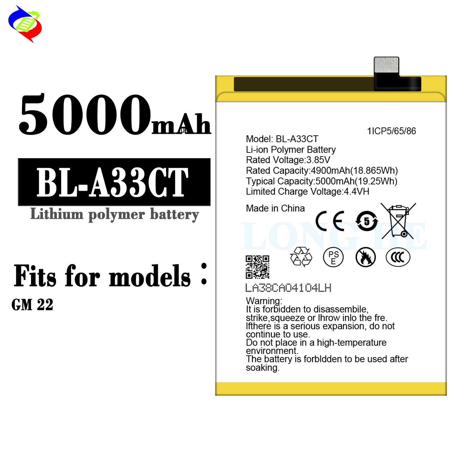 Compatible Infinix Rechargeable Li-ion Polymer Battery BL-A33CT for GM22 5000mAh 3.85V