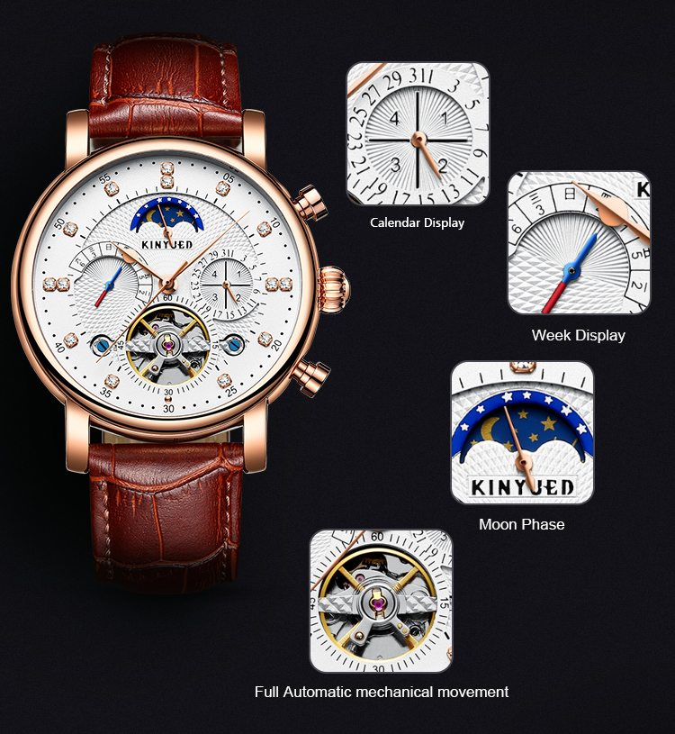 luxury Mens Mechanical Watches Moon Phase With Diamond Crystal