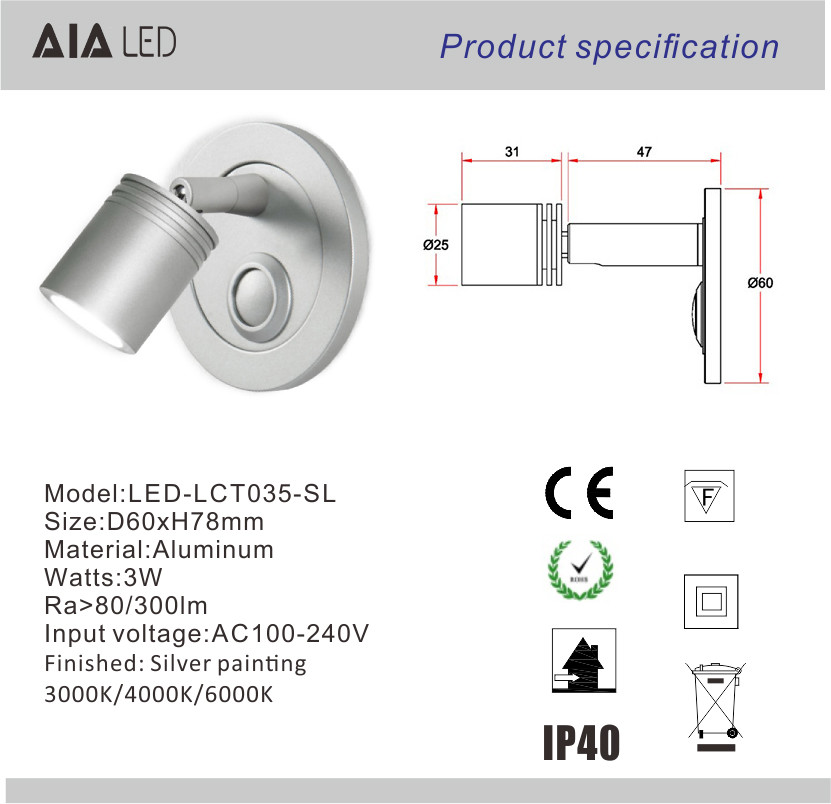 3W Wall Lamp For Living Room Bedside Hotel Modern Angle Adjustable Wall Decoration Wall Reading Light With Push Button