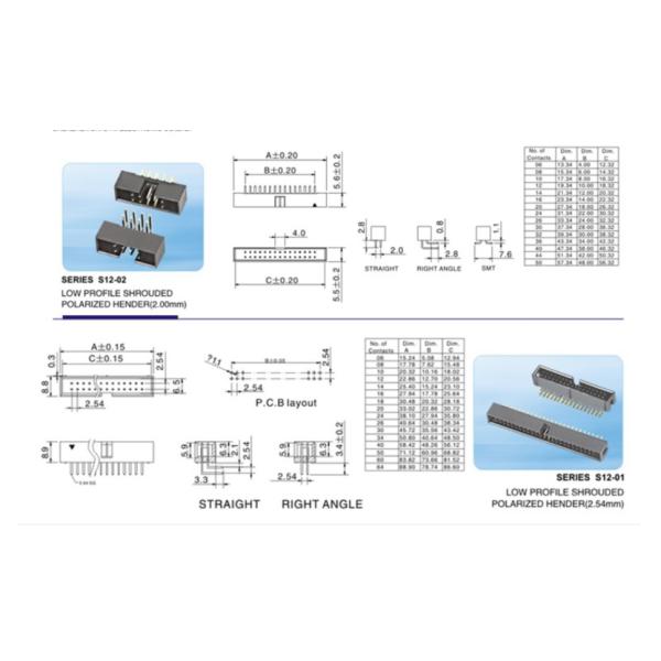 2.0mm 2.54mm Pitch Straight Right Angle SMT Box Shrouded Header Connector PA6T Gold Plated