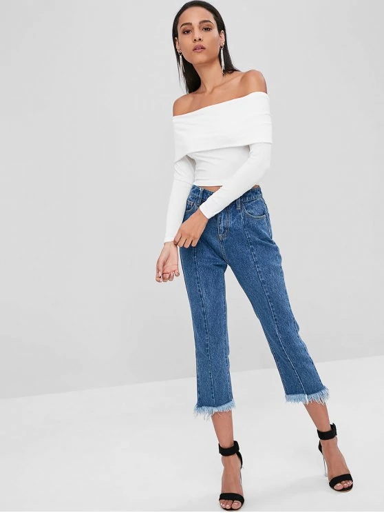 Spring New Design Off The Shoulder Crop Top Long Sleeve