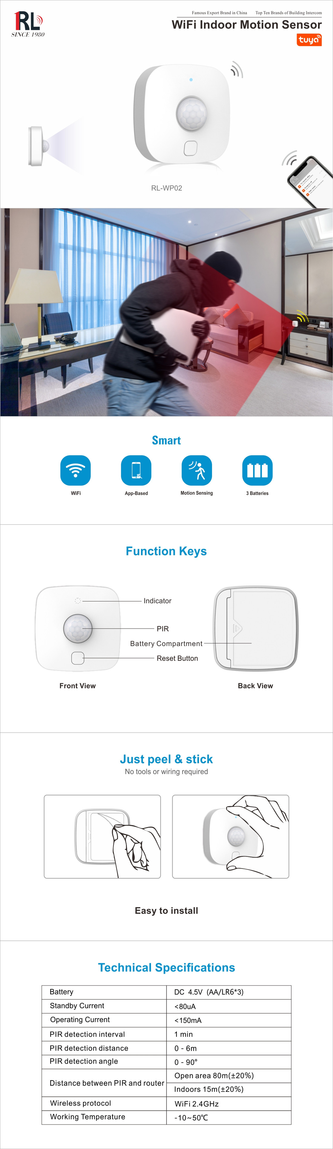 Tuya Smart Wi-Fi PIR Motion Sensor Wireless Infrared Detector Security Burglar Alarm Sensor(RL-WP02)