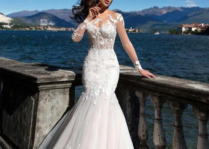 Unique White Long Sleeve Lace Bridal Gowns Perspective Waist Back Long Fishtail