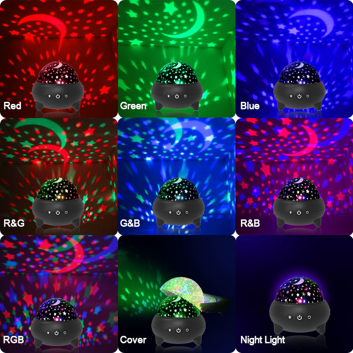 360 Degree Rotatable Starry Night Light Projector 9 Colors Adjustable For Kids