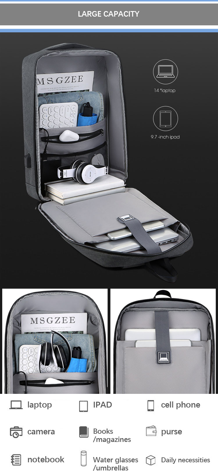 Hard Shell Smart Backpacks With Usb Charging Port , EVA Laptop Backpack Anti Theft