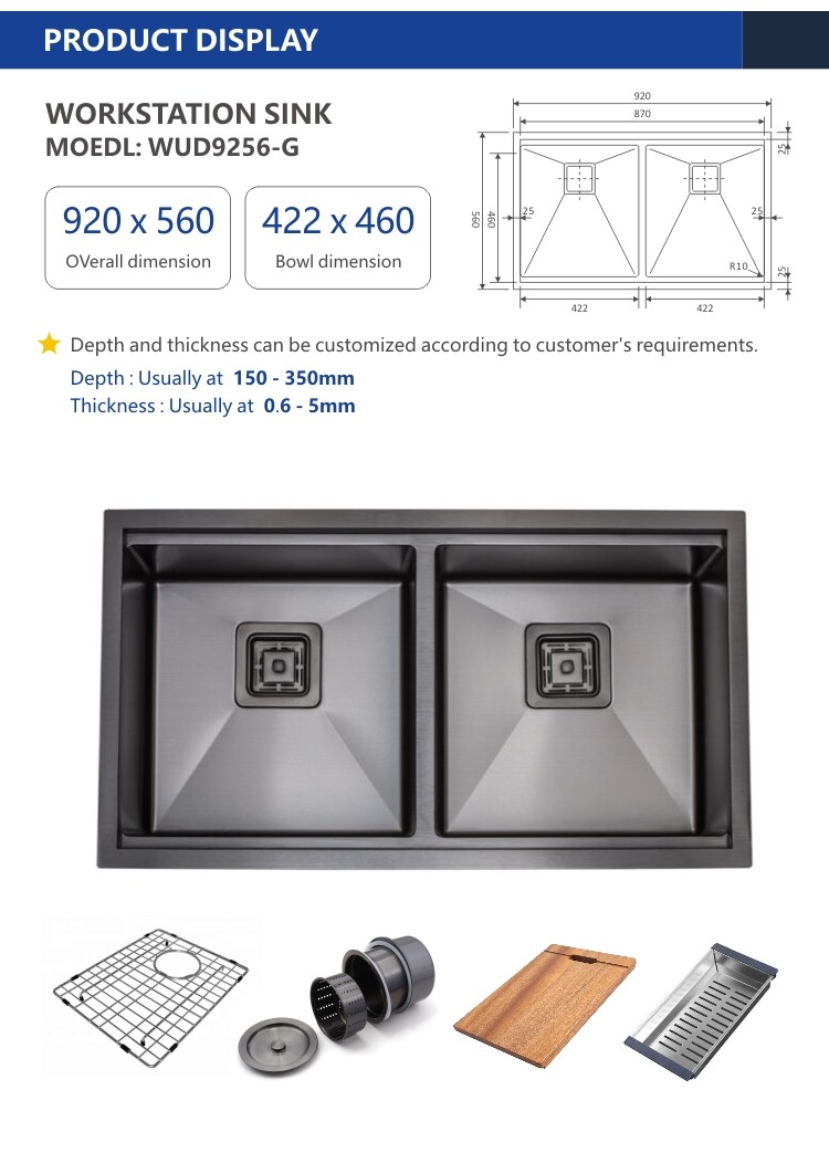 36 Drop In Workstation Sink , 50 50 2 Bowl Undermount kitchen Sink 16 Gauge Black