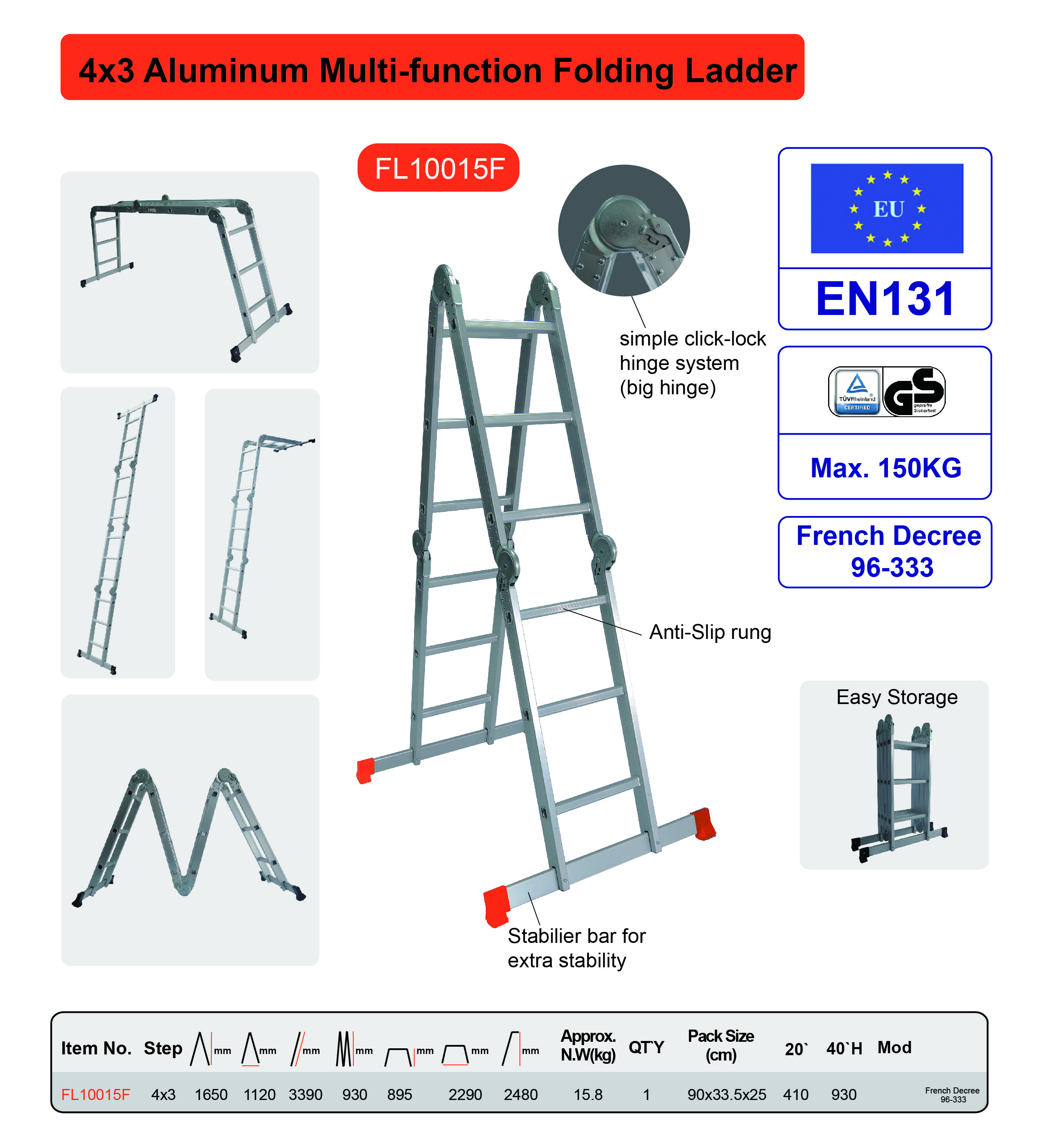 Outdoor Household Lightweight Aluminum Ladder 4x3 Easy To Transport