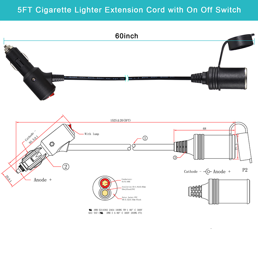 Car Cigarette Lighter Charger with Switch and Male To Female Connector