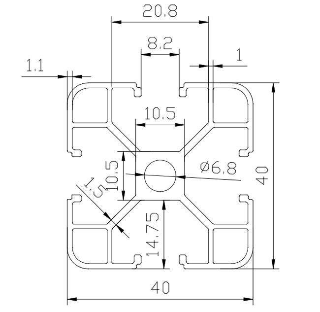 6.8mm Hole 40 * 40 Anodized T Slot Aluminum Profile With 1.1mm Thickness