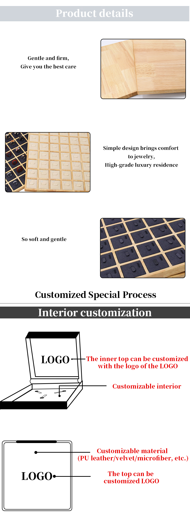 Abundant Capacity 7x7 Wooden Jewelry Display Tray Exhibition Props For Rings