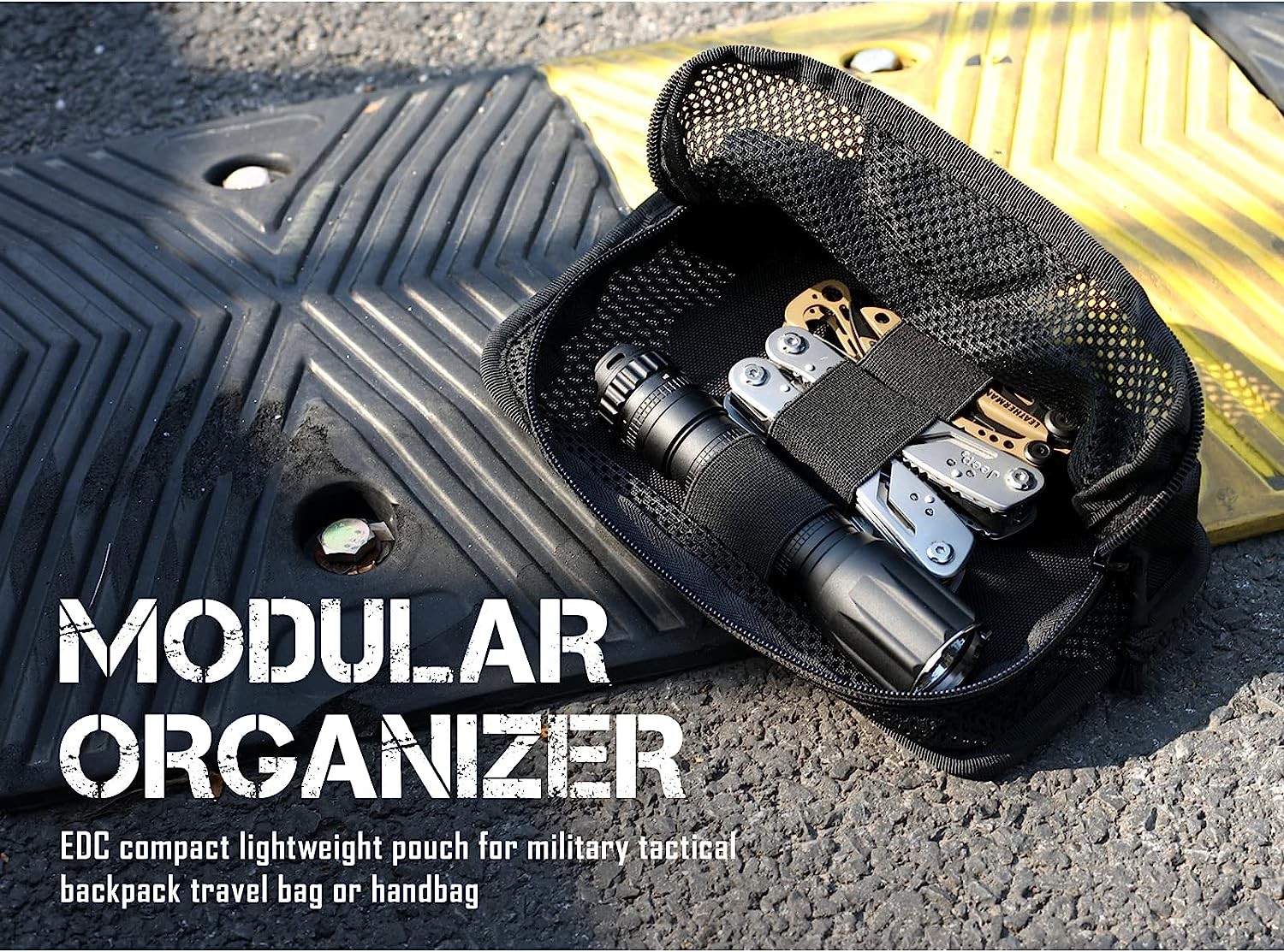 Tactical Mesh Zipper Pouch, Modular Insert Panel Organizer EDC Utility Storage Pocket with Hook-N-Loop Fasteners