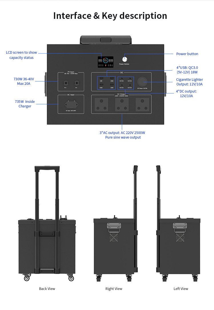 2500w Outdoor Portable Power Station Lifepo4 Battery Backup Solar Generator Pure Sine Wave Inverter