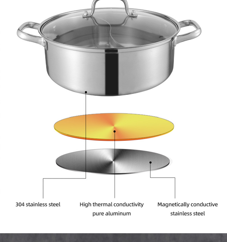 High Quality 18/8 Stainless Steel Pot Weldless Hot Pot Two-flavor Soup Pot Induction Cookware With Glass Lid