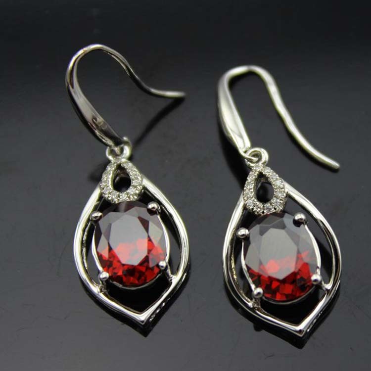 Rose Gold 925 Silver 7mmx9mm Oval Ruby Cubic Zirconia Dangle Drop Earrings (PSJ04225)