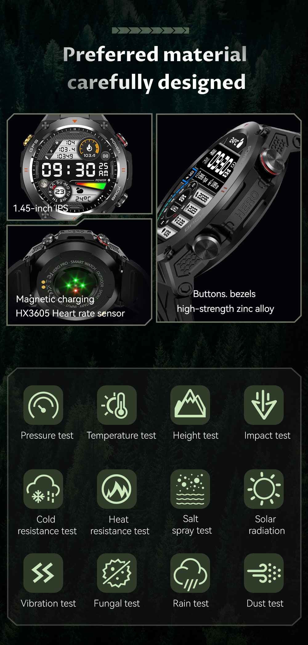 KC82 Sport Smart Watch 1.45 inch Screen Compass GPS Tracker 650mAh Battery For Men