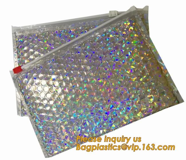Holographic Factory Shiny gold Cosmetic bag Zipper Bubble Bag zip-lock Slider Padded Mailer metallic bubble zipper bagea